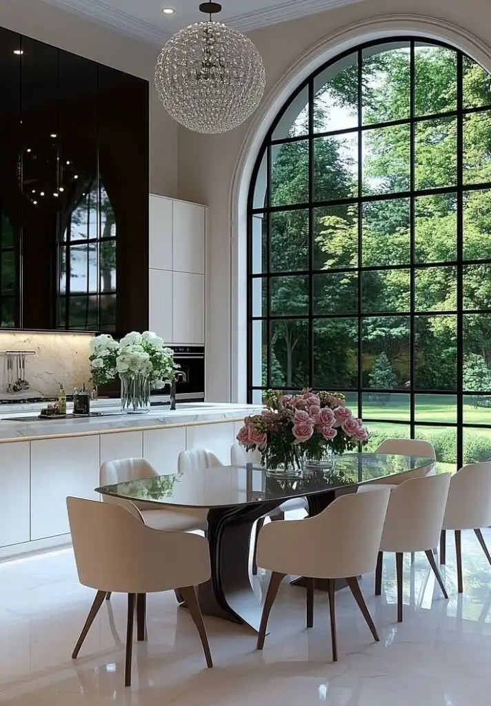 _ 17 Luxurious dining room with elegant chandelier, large arched window, and modern decor featuring floral arrangements on a sleek glass table. | Sky Rye Design Luxurious dining room with elegant chandelier, large arched window, and modern decor featuring floral arrangements on a sleek glass table.