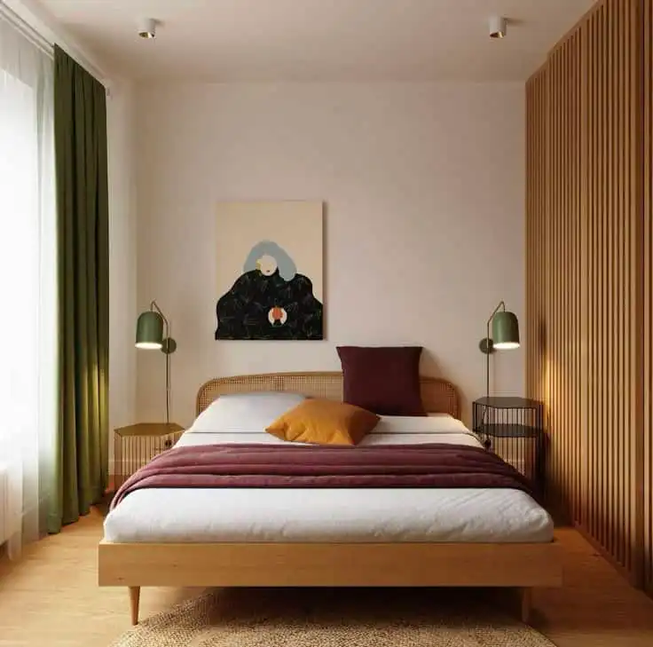 _ 17 Modern bedroom with minimalist design, featuring wood accents, stylish bedding, and artistic wall art. Cozy and well-lit space. | Sky Rye Design Modern bedroom with minimalist design, featuring wood accents, stylish bedding, and artistic wall art. Cozy and well-lit space.