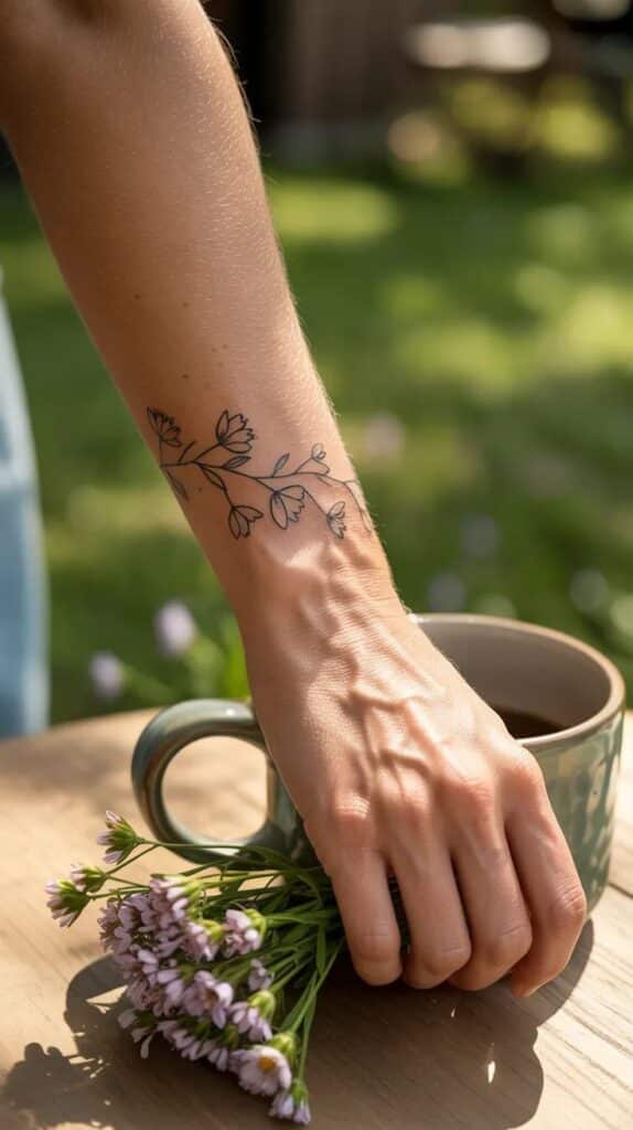 17 Small Wildflower Wrist Tattoo Inspiration - Flower Symbolism Person with floral tattoo on wrist holding cup of coffee and small bouquet of purple flowers outdoors on a sunny day. | Sky Rye Design Person with floral tattoo on wrist holding cup of coffee and small bouquet of purple flowers outdoors on a sunny day.