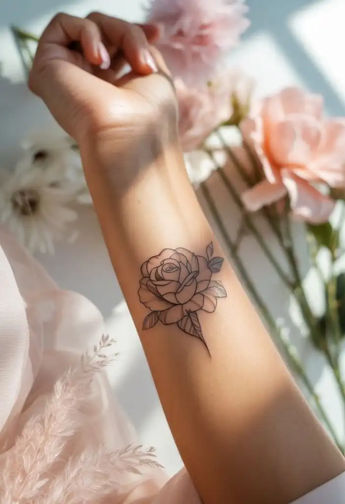 17 Stylish Wrist Tattoo Ideas for Women Elegant rose tattoo on a forearm, surrounded by soft pink flowers and sunlight, symbolizing beauty and nature. | Sky Rye Design Elegant rose tattoo on a forearm, surrounded by soft pink flowers and sunlight, symbolizing beauty and nature.