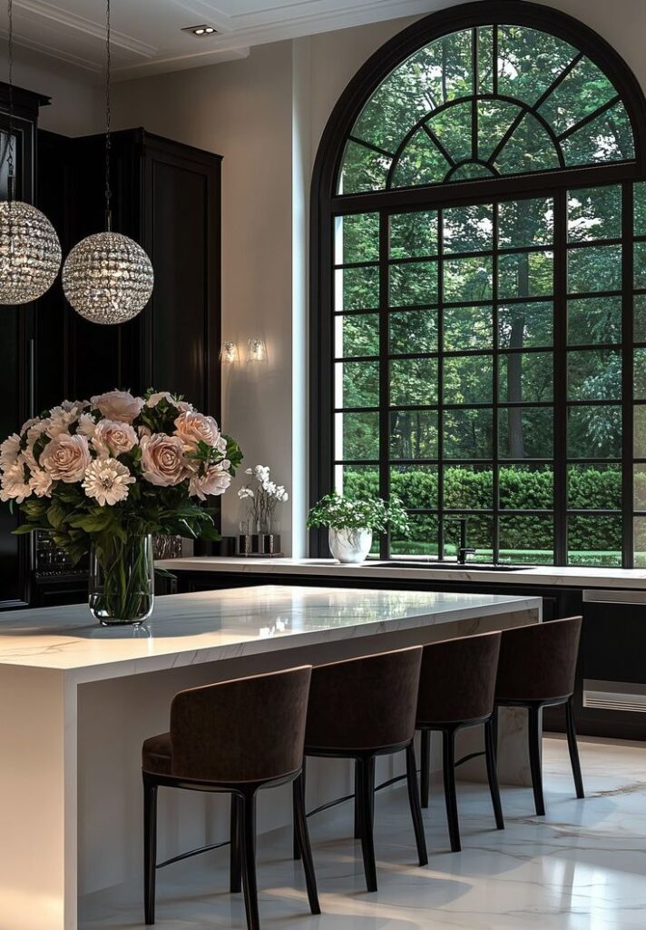 _ 18 Luxurious kitchen with marble island, elegant pendant lights, large windows overlooking greenery, and a vase of fresh flowers on the counter. | Sky Rye Design Luxurious kitchen with marble island, elegant pendant lights, large windows overlooking greenery, and a vase of fresh flowers on the counter.