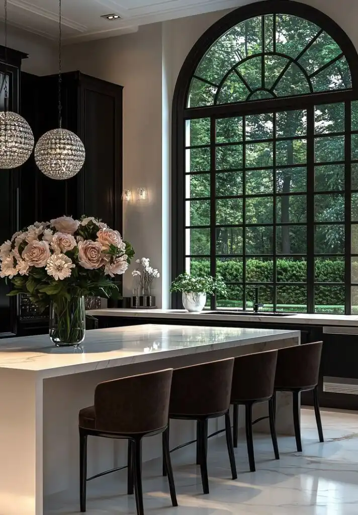_ 18 Luxurious kitchen with marble island, elegant pendant lights, large windows overlooking greenery, and a vase of fresh flowers on the counter. | Sky Rye Design Luxurious kitchen with marble island, elegant pendant lights, large windows overlooking greenery, and a vase of fresh flowers on the counter.