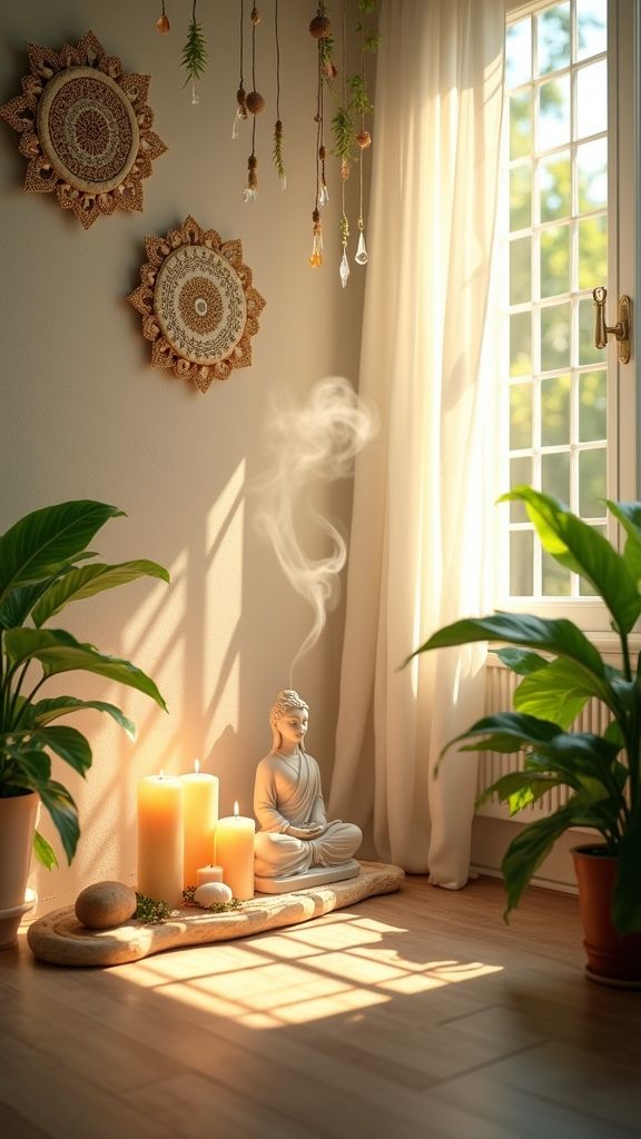 Calm meditation space with candles, a Buddha statue, and plants by a sunlit window, creating a peaceful, serene atmosphere