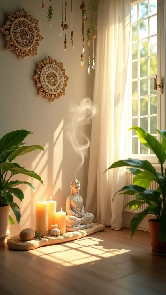 Calm meditation space with candles, a Buddha statue, and plants by a sunlit window, creating a peaceful, serene atmosphere