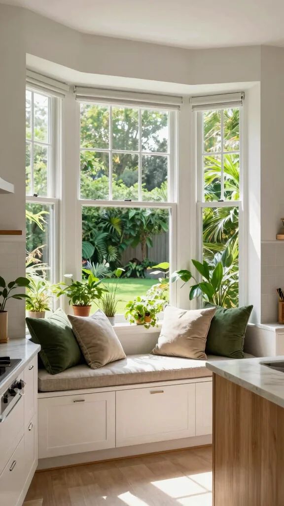 18 Kitchen Window Design Ideas_ Natural Light Style Cozy kitchen nook with plants and soft cushions on a bench by a bay window, offering a view of a lush garden. | Sky Rye Design Cozy kitchen nook with plants and soft cushions on a bench by a bay window, offering a view of a lush garden.