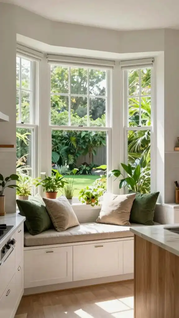 Cozy kitchen nook with plants and soft cushions on a bench by a bay window, offering a view of a lush garden.