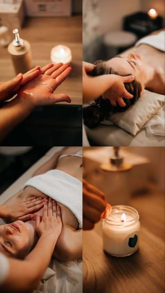 _ 18 Collage of a relaxing spa session with candle lighting, massage oil, and soothing massage techniques on a comfortable treatment bed. | Sky Rye Design Collage of a relaxing spa session with candle lighting, massage oil, and soothing massage techniques on a comfortable treatment bed.