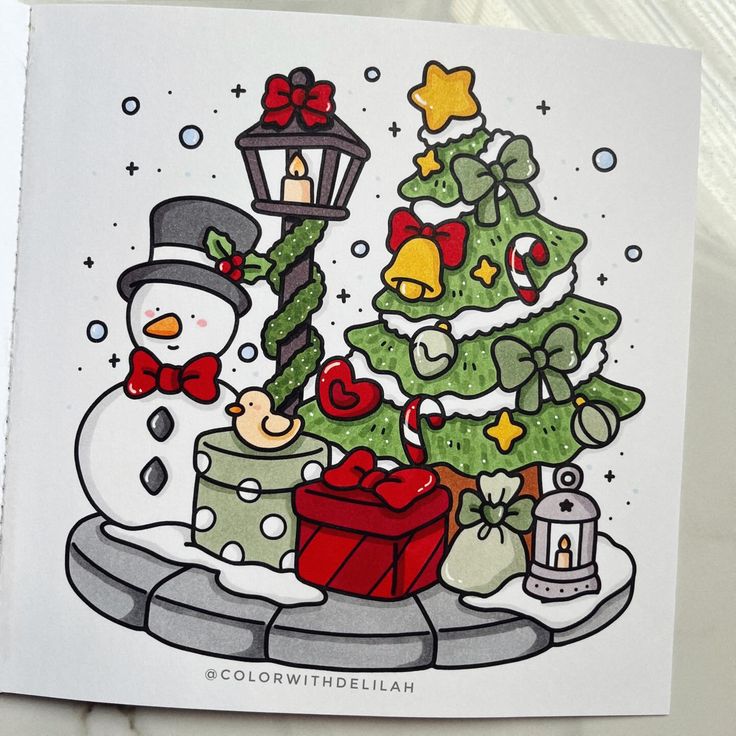 186d9989-a848-4541-a8de-a2b76545d365 Festive Christmas scene with a snowman, decorated Christmas tree, gifts, and a streetlamp on snowy ground. | Sky Rye Design Festive Christmas scene with a snowman, decorated Christmas tree, gifts, and a streetlamp on snowy ground.