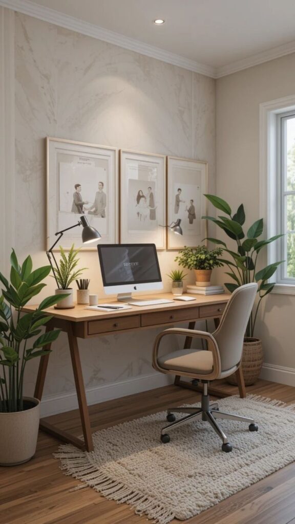 _ 19 Stylish home office with wooden desk, modern computer, cozy chair, indoor plants, and framed art, creating a serene workspace environment. | Sky Rye Design Stylish home office with wooden desk, modern computer, cozy chair, indoor plants, and framed art, creating a serene workspace environment.