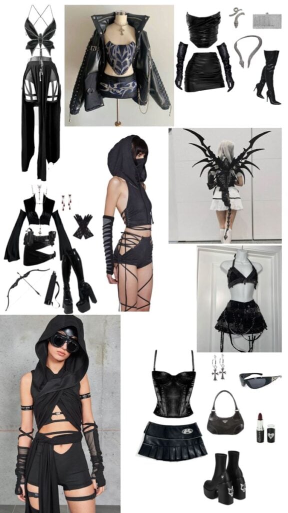 _ 19 Trendy black goth outfits collage featuring edgy designs, corsets, leather jackets, skirts, and bold accessories for a | Sky Rye Design Trendy black goth outfits collage featuring edgy designs, corsets, leather jackets, skirts, and bold accessories for a