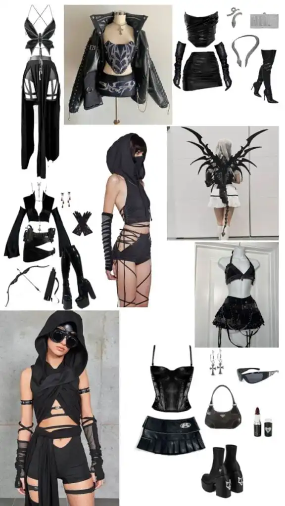 Trendy black goth outfits collage featuring edgy designs, corsets, leather jackets, skirts, and bold accessories for a