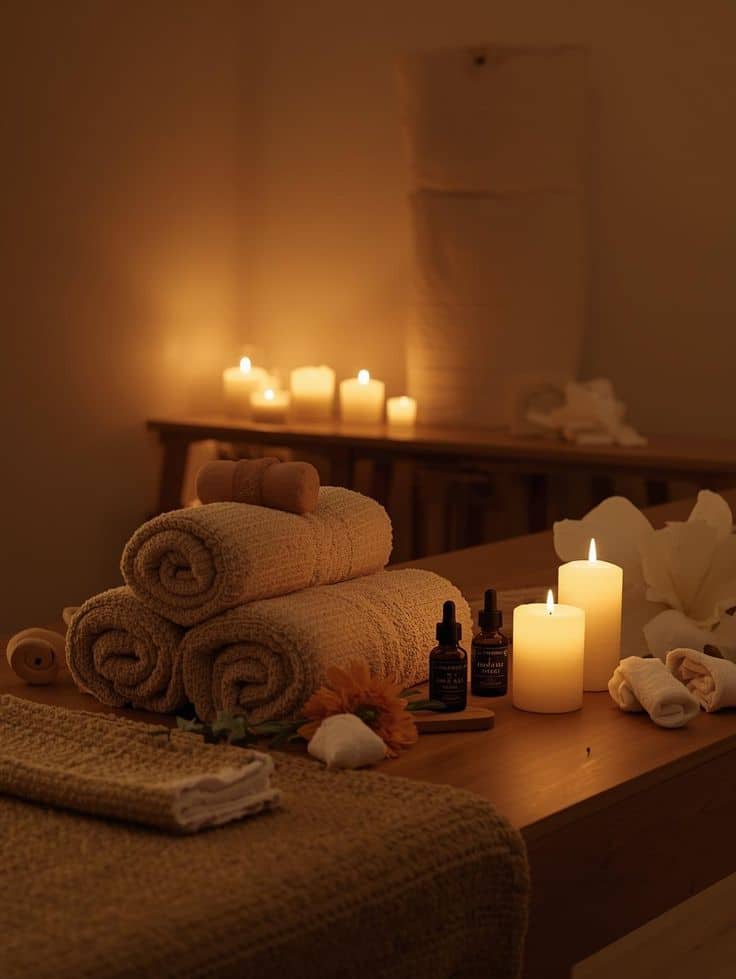 _ 19 Cozy spa room with lit candles, rolled towels, essential oils, and flowers creating a soothing and relaxing ambiance for ultimate comfort. | Sky Rye Design Cozy spa room with lit candles, rolled towels, essential oils, and flowers creating a soothing and relaxing ambiance for ultimate comfort.