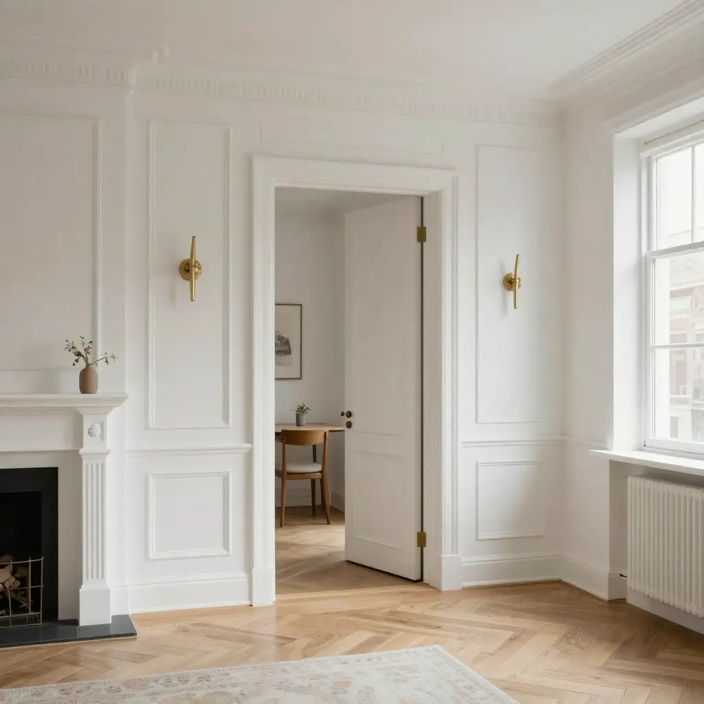 Elegant white living room with fireplace, hardwood floors, and open doorway revealing a cozy chair. Bright, minimalist interior design.