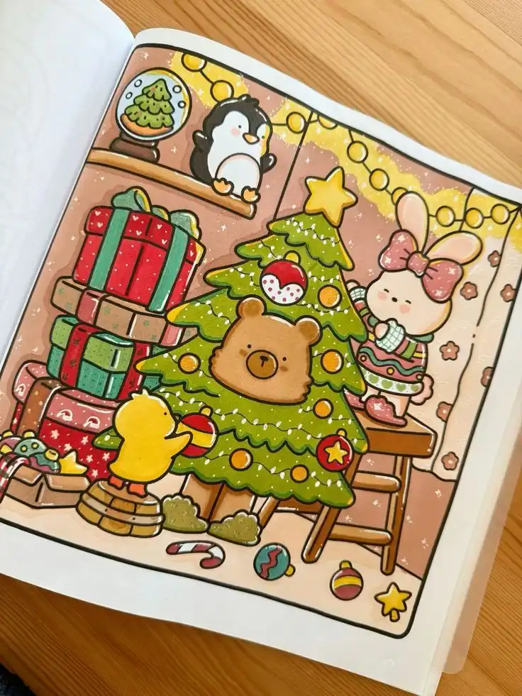 199c1dc8-c163-44cb-86f6-35797f5d1a75 Cute cartoon animals decorating Christmas tree with gifts and ornaments in festive setting. Cozy holiday scene with lights and joy. | Sky Rye Design Cute cartoon animals decorating Christmas tree with gifts and ornaments in festive setting. Cozy holiday scene with lights and joy.