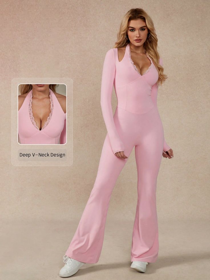 1pc Seamless Comfortable Casual Round Neck Wide Leg Straight Shaping Lifting Waist Long Sleeve Jumpsuit Woman in pink jumpsuit with deep V-neck design, standing confidently against a neutral background, showcasing stylish fashion and elegance. | Sky Rye Design Woman in pink jumpsuit with deep V-neck design, standing confidently against a neutral background, showcasing stylish fashion and elegance.