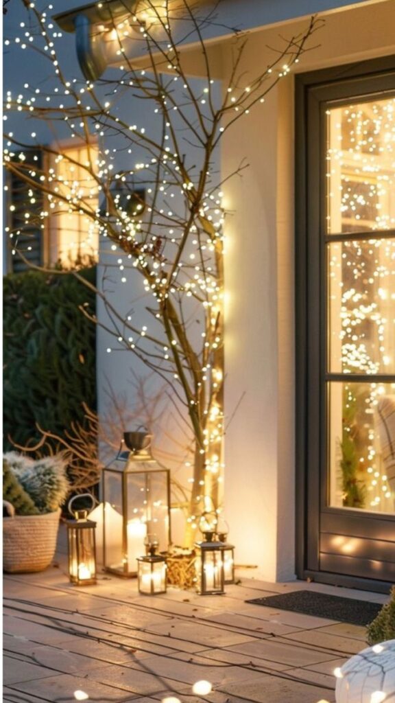 _ 2 Cozy outdoor scene with tree and lanterns adorned in warm white fairy lights, creating a festive and inviting atmosphere outside a home. | Sky Rye Design Cozy outdoor scene with tree and lanterns adorned in warm white fairy lights, creating a festive and inviting atmosphere outside a home.