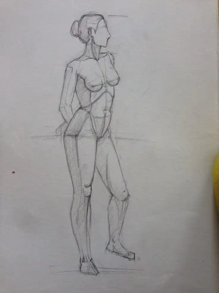 Sketch of a standing figure with detailed anatomy lines, showcasing human form and posture in pencil on paper.
