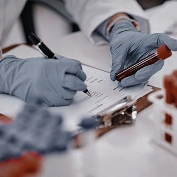 _ 2 Gloved hands holding a blood sample tube while writing notes in a laboratory. | Sky Rye Design Gloved hands holding a blood sample tube while writing notes in a laboratory.