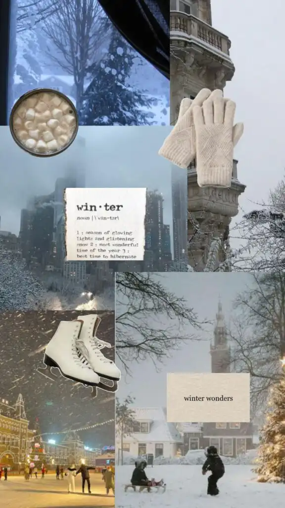Winter collage with snow scenes, hot chocolate, ice skates, and cozy gloves, capturing the magical essence of the season.