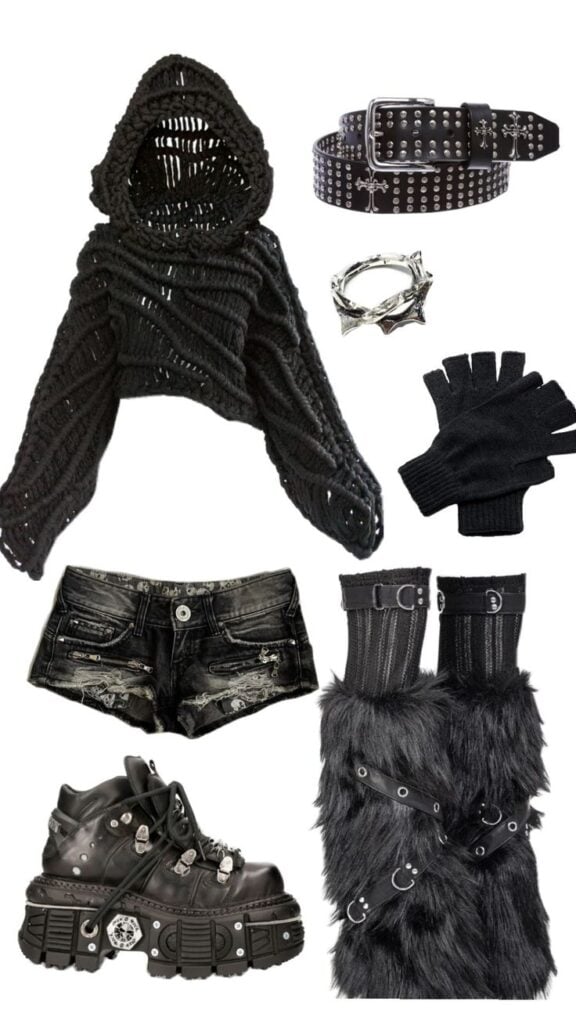 _ 20 Gothic fashion outfit with black cropped sweater, studded belt, spiked ring, fingerless gloves, distressed shorts, boots, | Sky Rye Design Gothic fashion outfit with black cropped sweater, studded belt, spiked ring, fingerless gloves, distressed shorts, boots,