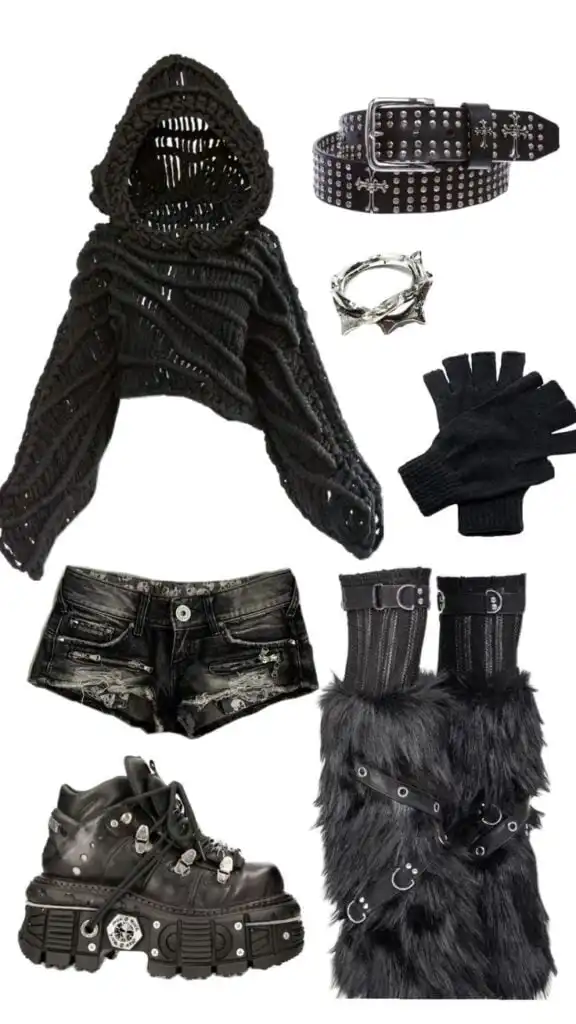 Gothic fashion outfit with black cropped sweater, studded belt, spiked ring, fingerless gloves, distressed shorts, boots,