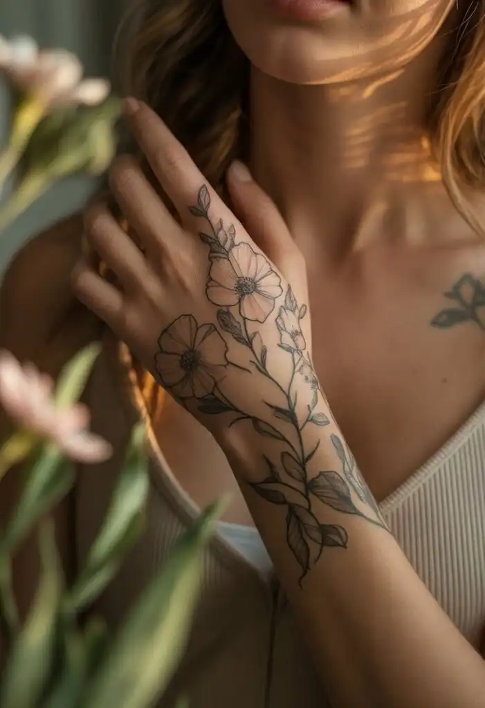 Close-up of a woman's hand showcasing an elegant floral tattoo with soft sunlight filtering through, highlighting intricate details.