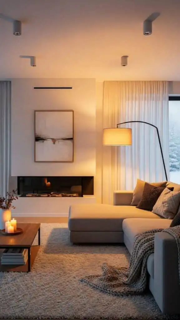 Cozy modern living room with beige sofa, stylish decor, art, and warm lighting, perfect for winter evenings by the fireplace.
