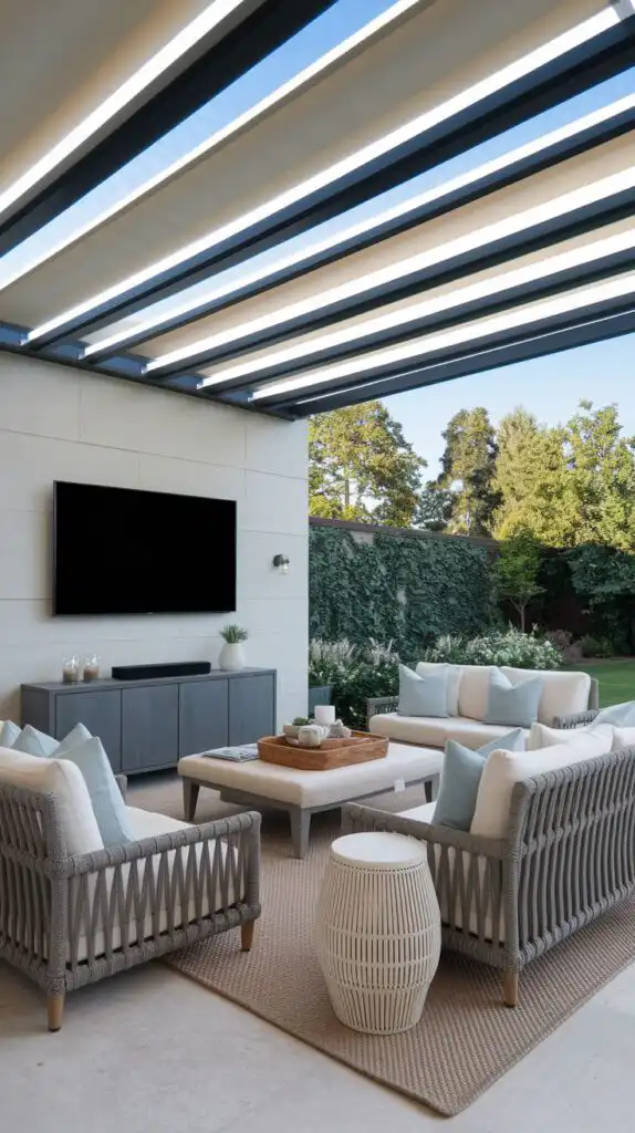 20 Indoor-Outdoor Living Room Ideas_ Modern Designs with Glass Walls Sliding Doors Fireplaces Outdoor patio with modern furniture, TV, and a view of garden greenery under a stylish pergola. Perfect for relaxing and entertainment. | Sky Rye Design Outdoor patio with modern furniture, TV, and a view of garden greenery under a stylish pergola. Perfect for relaxing and entertainment.