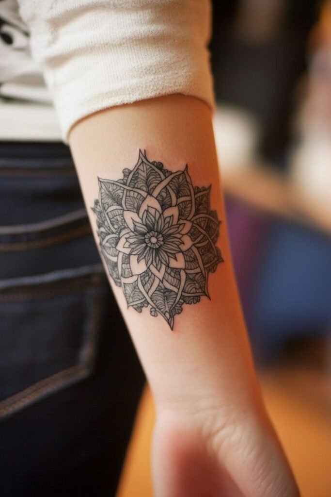 20 Stunning Infinity Tattoo Designs Youll Love Intricate mandala tattoo design on forearm, showcasing detailed floral and geometric patterns, emphasizing artistic precision and beauty. | Sky Rye Design Intricate mandala tattoo design on forearm, showcasing detailed floral and geometric patterns, emphasizing artistic precision and beauty.