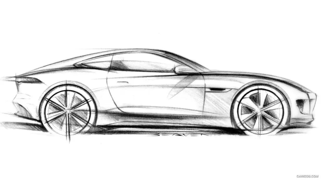 Sleek car design sketch, side view, showcasing aerodynamic curves and stylish wheels. Ideal for automotive enthusiasts and designers.