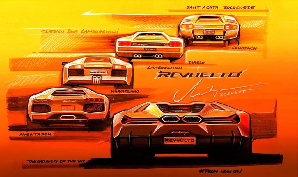 2023050901_LamborghiniRevuelto Illustration of rear views of Lamborghini models Countach, Diablo, Murcielago, Aventador, and Revuelto. Orange background, | Sky Rye Design Illustration of rear views of Lamborghini models Countach, Diablo, Murcielago, Aventador, and Revuelto. Orange background, Lamborghini drawing