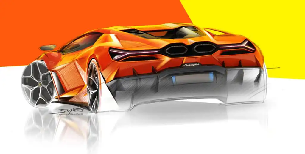 Illustration of a futuristic orange sports car design, showcasing sleek lines and aerodynamic enhancements against a vibrant