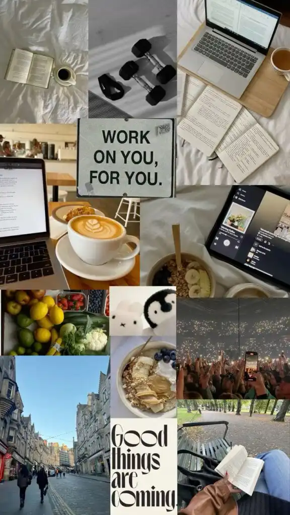 Collage of self-care: reading, exercise, healthy food, and motivational quotes. Enhance well-being through balanced lifestyle habits.