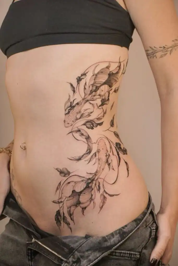 _ - 2026-01-04T191700817 Elegant koi fish tattoo design on a woman's waist, featuring detailed aquatic motifs and flowing lines in black ink. | Sky Rye Design Elegant koi fish tattoo design on a woman's waist, featuring detailed aquatic motifs and flowing lines in black ink.