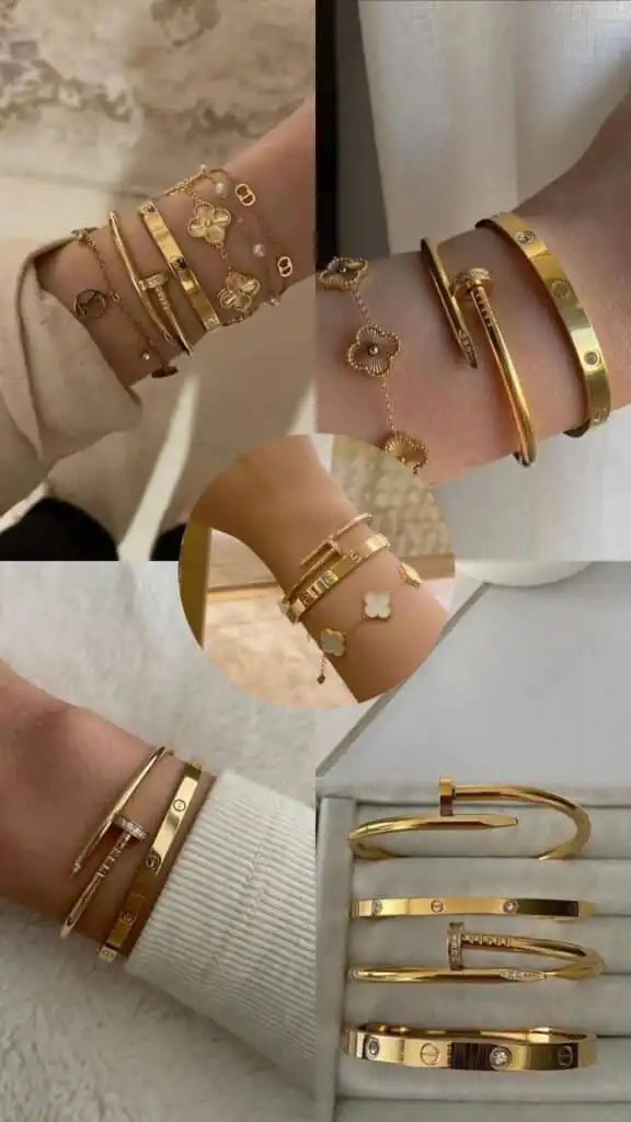 Elegant gold bracelets and bangles with intricate designs on wrists and display, showcasing luxury fashion jewelry.