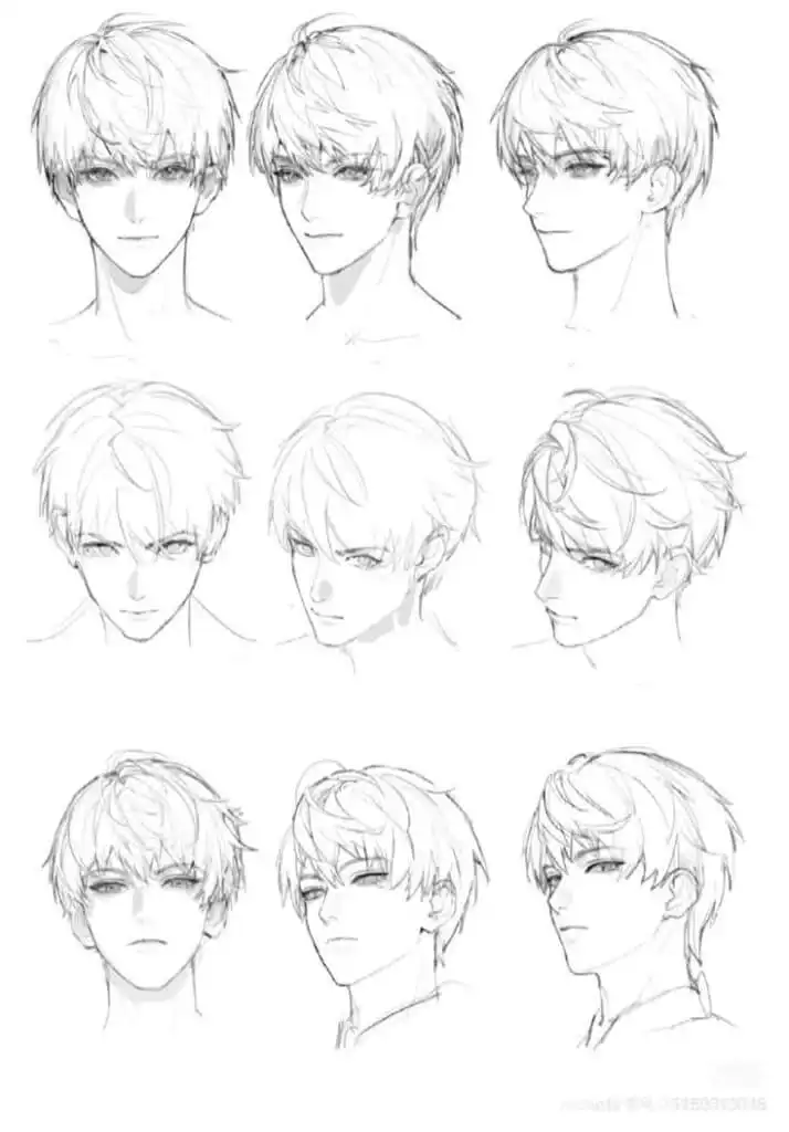 Anime male sketch showing different hairstyles and angles. Pencil drawing highlighting various expressions and hair textures.