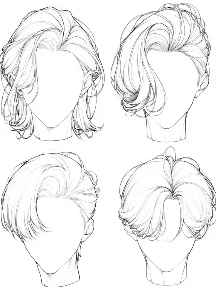 Four stylish line-art hairstyles featuring medium and short wavy haircuts, perfect for inspiration in fashion and design illustrations.