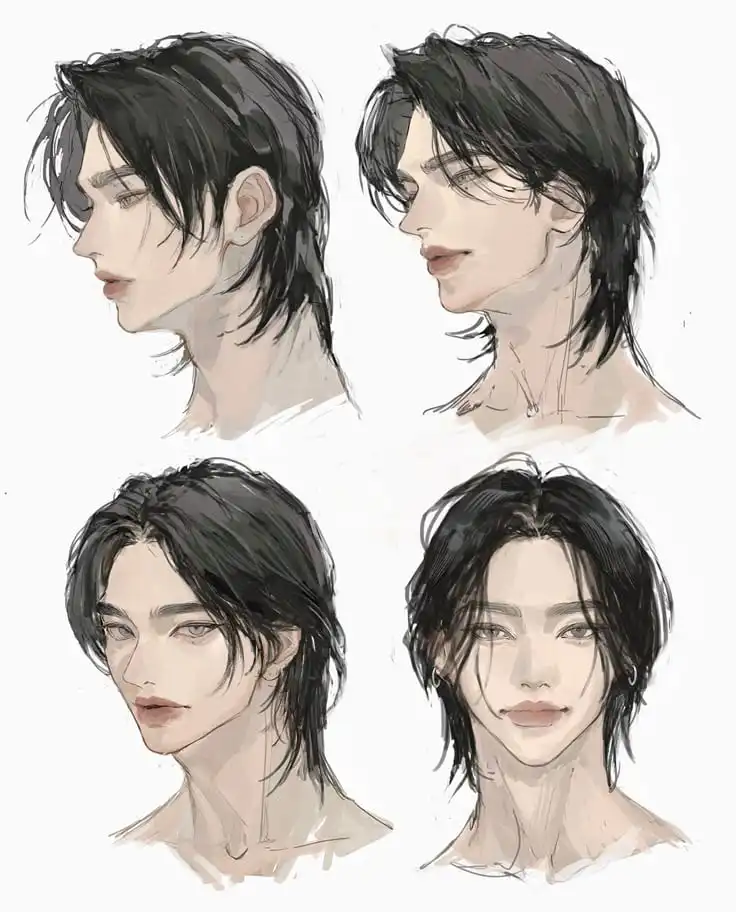 Digital art of four anime-style male characters with black hair, showcasing various angles and expressions on a white background.