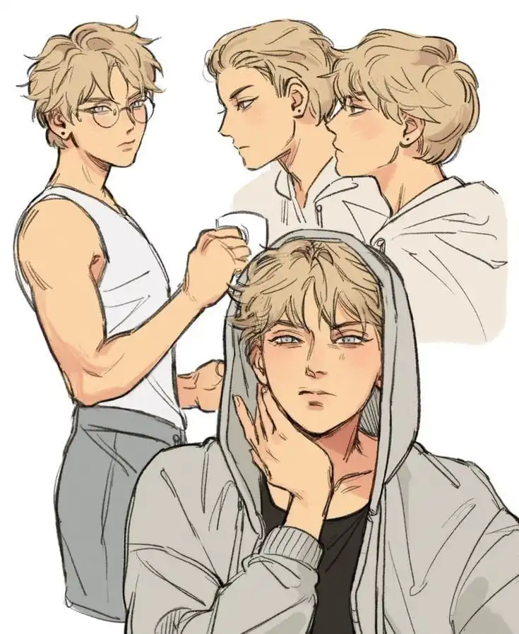 Anime-style drawing featuring various poses of a young blonde character with glasses, showcasing thoughtful and confident expressions.