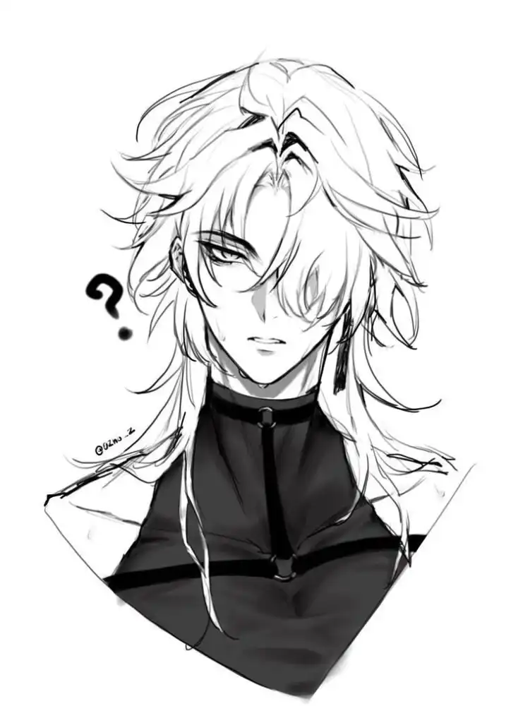Monochrome anime sketch of a character with long hair and a mysterious expression, featuring a question mark for added intrigue.
