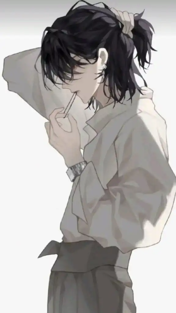 Anime character with long hair ties a ponytail while holding a toothpick, wearing a loose shirt and pants, featuring a watch and earrings.