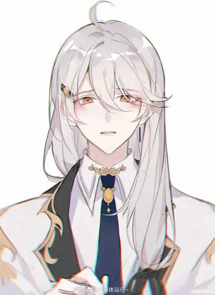 Anime character with long white hair, elegant attire, and a thoughtful expression. Perfect for fantasy, art, and anime-themed content.
