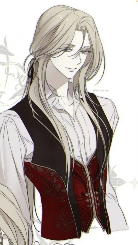 Elegant anime character with long hair and a detailed red and black vest, exuding a serene expression, set against a light backdrop.