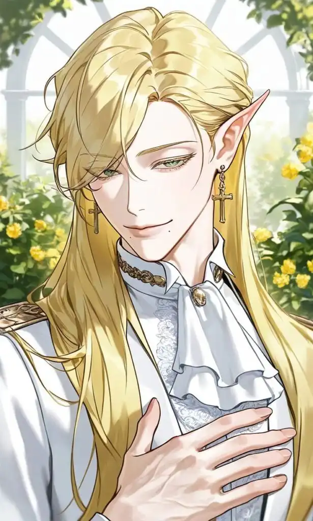 Anime character with long blond hair and pointed ears, wearing elegant armor and jewelry, standing in a sunny garden surrounded by flowers.