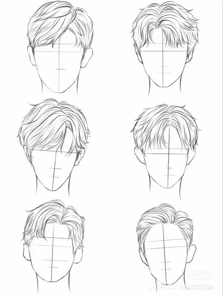 Anime male hairstyle sketches: six variations with different textures and lengths, ideal for drawing reference or character design inspiration.