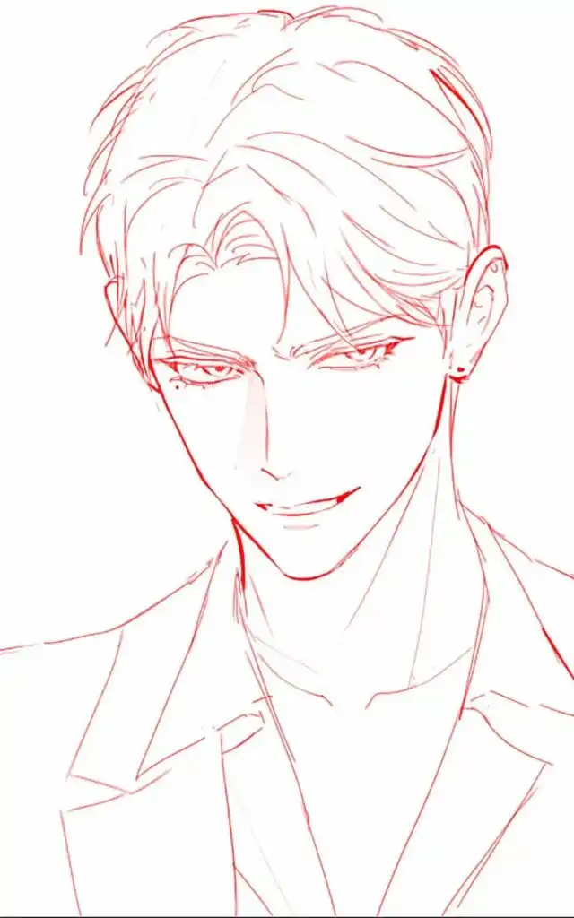 Illustration of a confident man with short hair, wearing a suit, sketched in red lines.