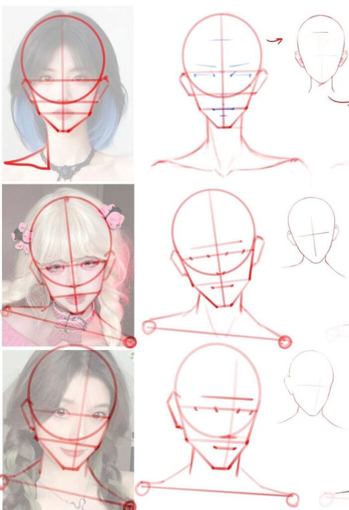 _ - 2026-01-10T220612545 Guide on drawing anime faces: sketches overlaid on three different female portraits, illustrating proportions and angles. | Sky Rye Design Guide on drawing anime faces: sketches overlaid on three different female portraits, illustrating proportions and angles.