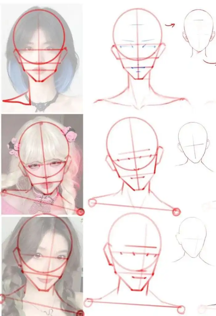 Guide on drawing anime faces: sketches overlaid on three different female portraits, illustrating proportions and angles.