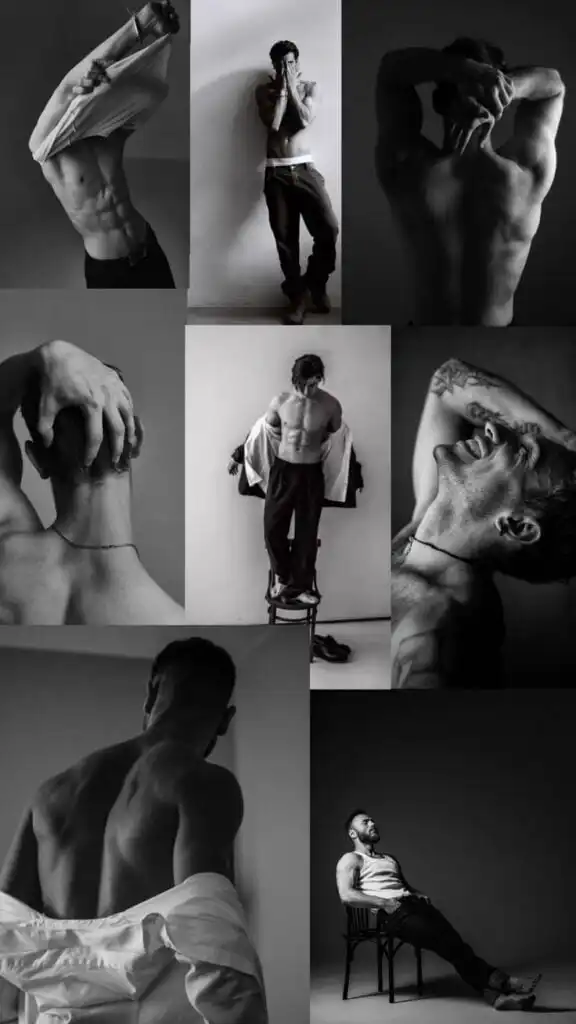 Collage of artistic black and white photos showcasing a man's muscular physique with various poses, capturing strength and emotion.