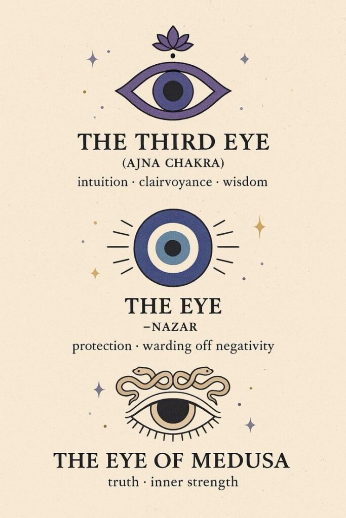 _ - 2026-01-10T233145496 Illustration of symbolic eyes: Third Eye for intuition, Nazar for protection, and Eye of Medusa for truth. Spiritual meanings and strength. | Sky Rye Design Illustration of symbolic eyes: Third Eye for intuition, Nazar for protection, and Eye of Medusa for truth. Spiritual meanings and strength.